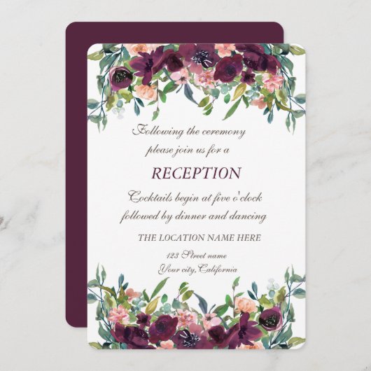 Invitation Accueil Mariage Fleurs Bourgogne Chic (Devant / Derrière)