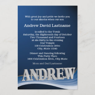 Invitation Acier Blue Wave Nom Barre Mitzvah