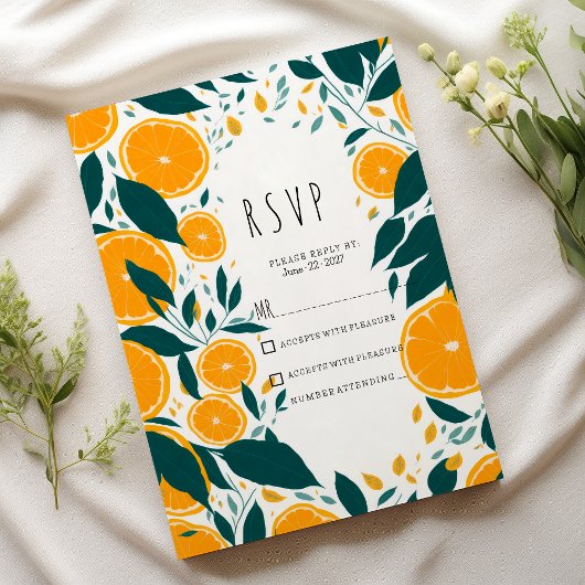 Invitation Acitrus vert foncé botanique orange fruit RSVP