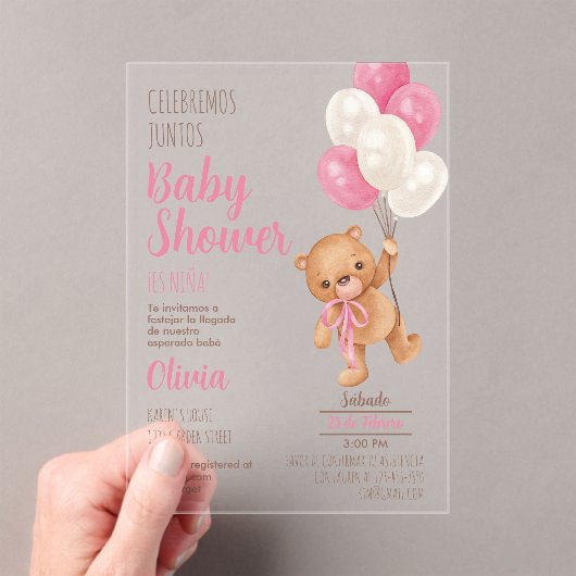 Invitation Acrylique Baby shower Fille Ours Teddy (In situ (ordinateur de poche))