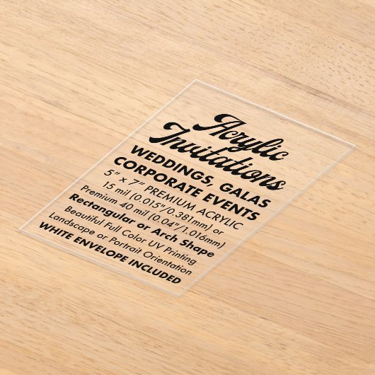 Invitation Acrylique Clair Rectangulaire De 15 Mil (Poser)