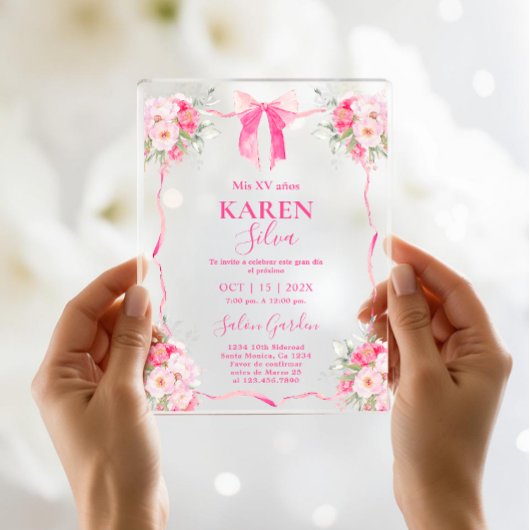 Invitation Acrylique Quinceanera Bow Rose Hot