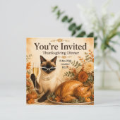 Invitation Action de grâce de chat avec dinde  (Debout devant)