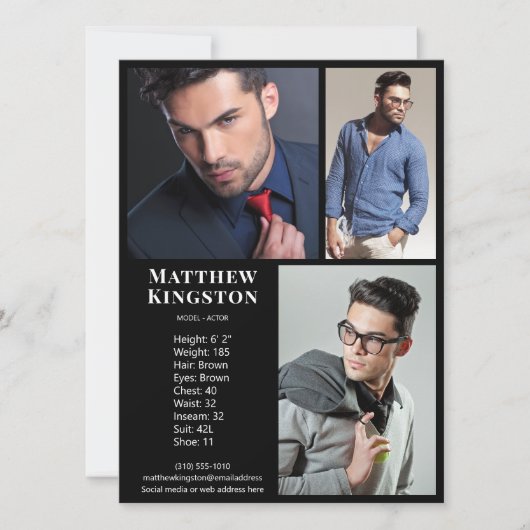 Invitation Actor Model 3 Photo Pro Comp Card Modèle noir (Devant)