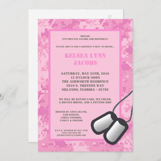 Invitation ACU de Camo d'ARMÉE de rose d'invitation de fête (Devant / Derrière)