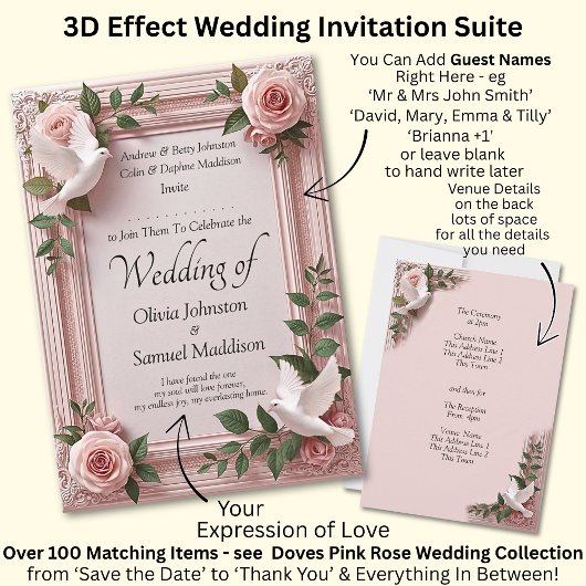 Invitation Add Guest Name Pink Roses & Doves Wedding