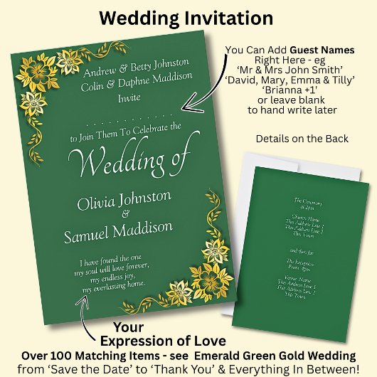 Invitation Add Guest Name Purple Emerald Green & Gold Wedding