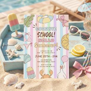 Invitation Adieu école Bonjour Fête d'été Rayures