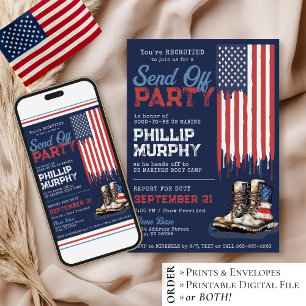 Invitation Adieu Militaire Chaussures Drapeau USA Fête de Dép