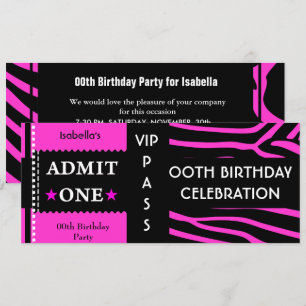 Invitation Admission Fête d'anniversaire Zèbre Rose Chaude No