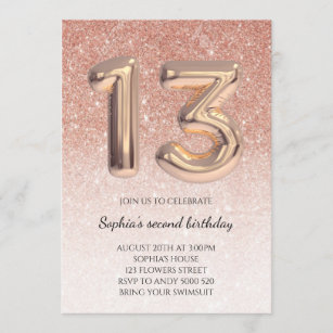 Invitation Ado 13e anniversaire Rose Parties scintillant d'or