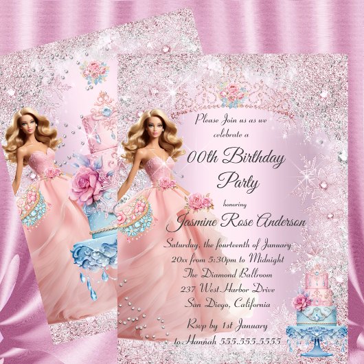 Invitation Ado Anniversaire rose Bleu hiver Wonderland Tiara