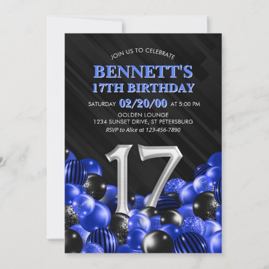 Invitation Ado bleu garçon 17e anniversaire (Devant)