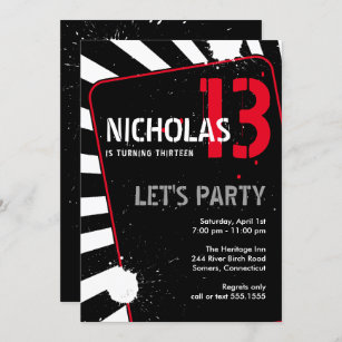 Invitation Ado Boy Party   Noir, blanc et rouge