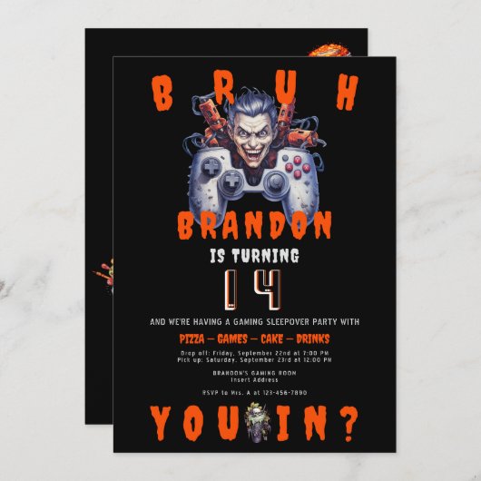Invitation ADO de BRUH Halloween Jeu vidéo Sleepover Annivers (Devant / Derrière)