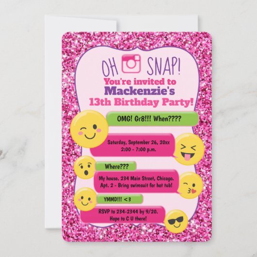 Invitation Ado Emoji Tween Parties scintillant rose anniversa (Devant)