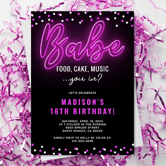 Invitation Ado Fille Neon Babe Fête d'anniversaire