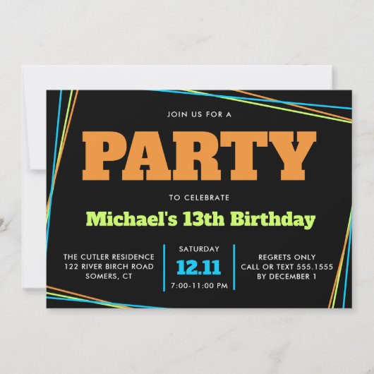 Invitation Ado garçon 13 ans ou n'importe quel âge, bleu vert (Devant)