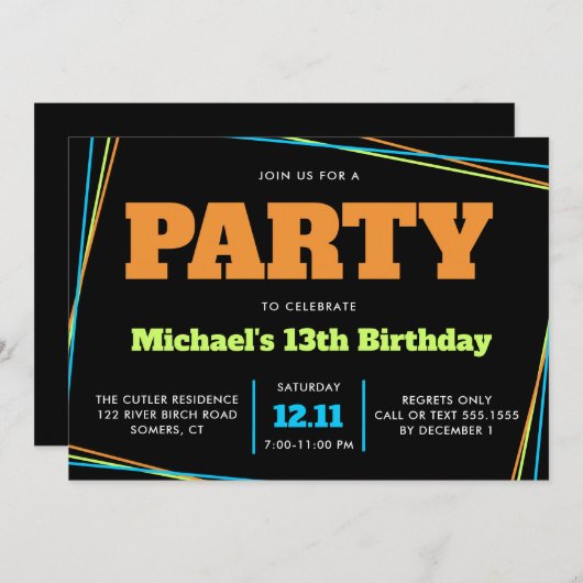 Invitation Ado garçon 13 ans ou n'importe quel âge, bleu vert (Devant / Derrière)