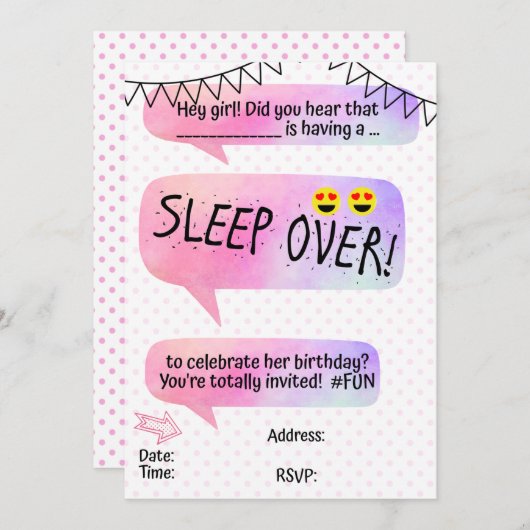 Invitation Ado Tween Sleeopver Anniversaire (Devant / Derrière)