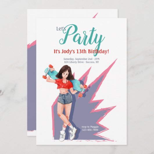 Invitation Adolescente à skateboard (Devant / Derrière)