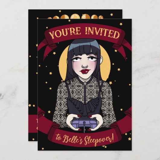 Invitation Adolescente Gothique Joueuse Noir Rouge Pyjama Par (Devant / Derrière)