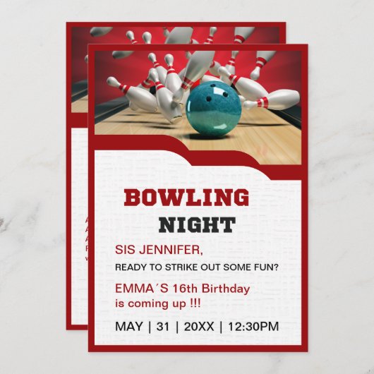 Invitation adolescente se grève de bowling plaisir d'annivers (Devant / Derrière)