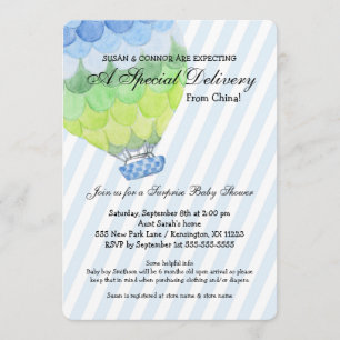 Invitation Adoption Boy Baby shower, montgolfière bleue