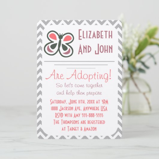 Invitation Adoption Douche moderne Pink Chevron Papillon (Debout devant)