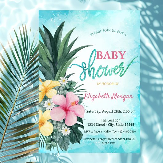 Invitation Adorable ananas Baby shower de fleurs tropicales