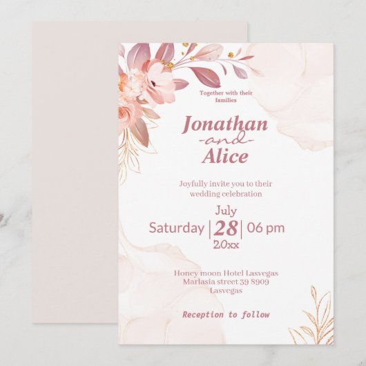 Invitation Adorable aquarelle floral rose blanc mariage migno (Devant / Derrière)