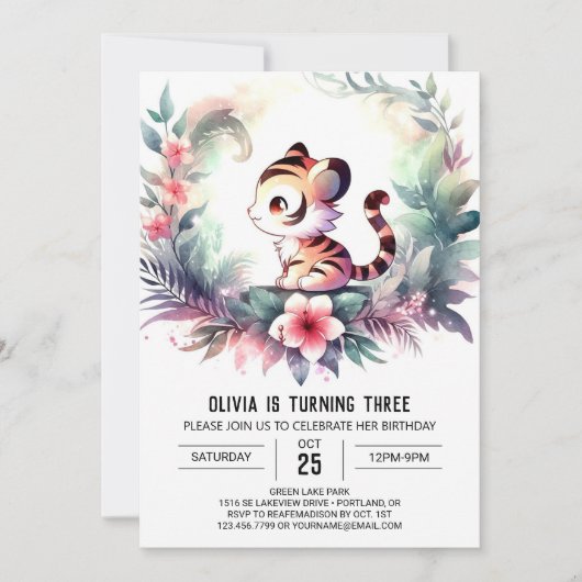Invitation Adorable Aquarelle Tigre Anniversaire (Devant)