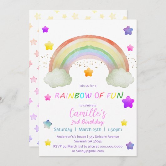 Invitation Adorable arc-en-ciel étoile fille anniversaire (Devant / Derrière)