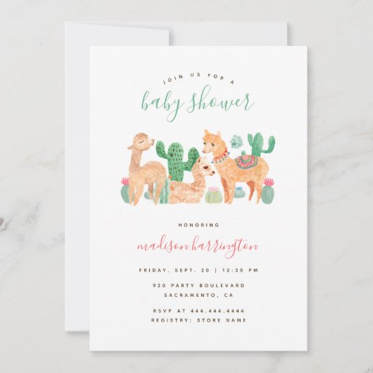 Invitation Adorable Baby shower Alpaca Llama Cactus Boho (Devant)