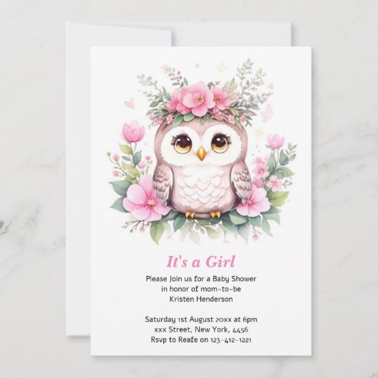 Invitation Adorable Baby shower de fille de hibou rose (Devant)