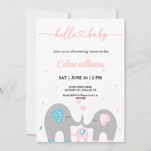 Invitation Adorable baby shower familial Eelephant (Devant)