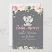 Invitation adorable baby shower fleuri rose éléphant (Devant)