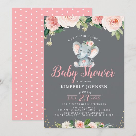 Invitation adorable baby shower fleuri rose éléphant (Devant / Derrière)