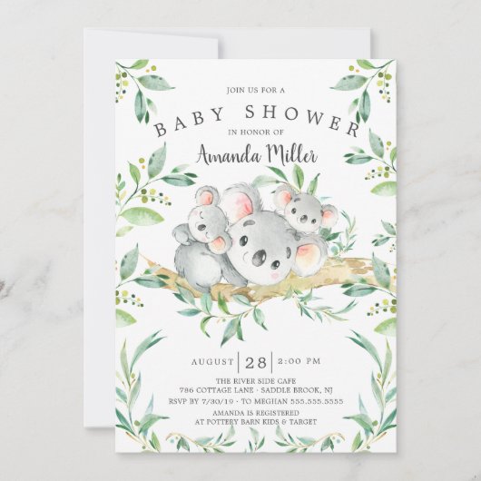 Invitation adorable Baby shower Koala BearTwins (Devant)