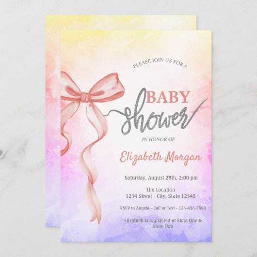 Invitation Adorable Baby shower rose Bow Ombre (Devant / Derrière)