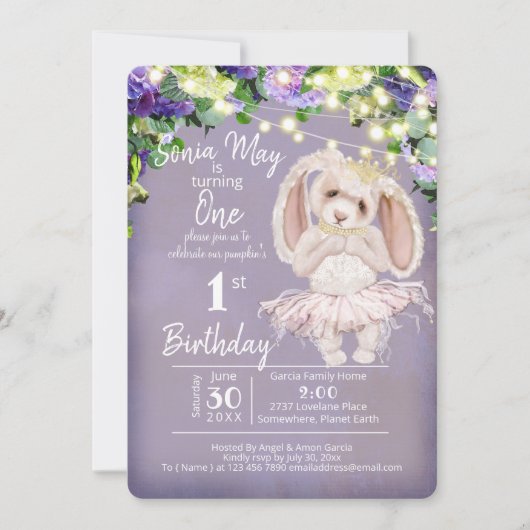 Invitation Adorable Ballerina Bunny 1er Anniversaire violet (Devant)