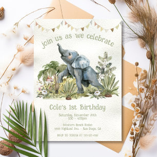 Invitation Adorable bébé éléphant 1er anniversaire fête
