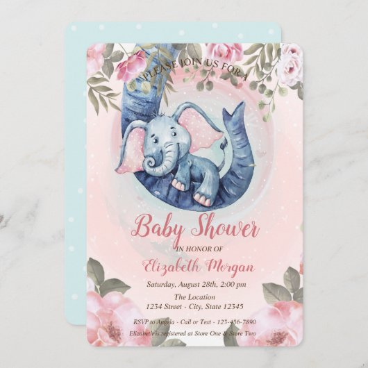 Invitation Adorable bébé éléphant Baby shower de points flora (Devant / Derrière)