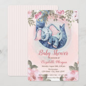 Invitation adorable bébé éléphant Baby shower floral (Devant / Derrière)