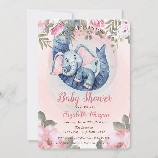 Invitation adorable bébé éléphant Baby shower floral (Devant)