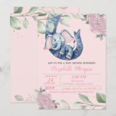 Invitation Adorable bébé éléphant, Feuilles, Baby shower flor (Devant / Derrière)