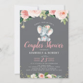 Invitation adorable bébé éléphant rose fleuri couples douche (Devant)