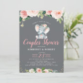 Invitation adorable bébé éléphant rose fleuri couples douche (Debout devant)