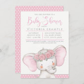 Invitation Adorable bébé fille Baby shower éléphant (Devant / Derrière)