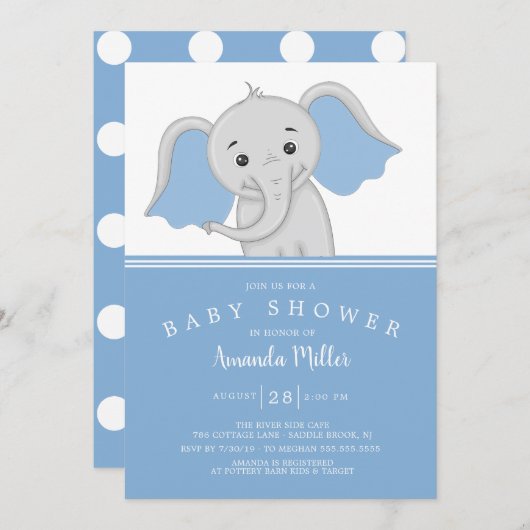 Invitation adorable bébé garçon éléphant Baby shower (Devant / Derrière)